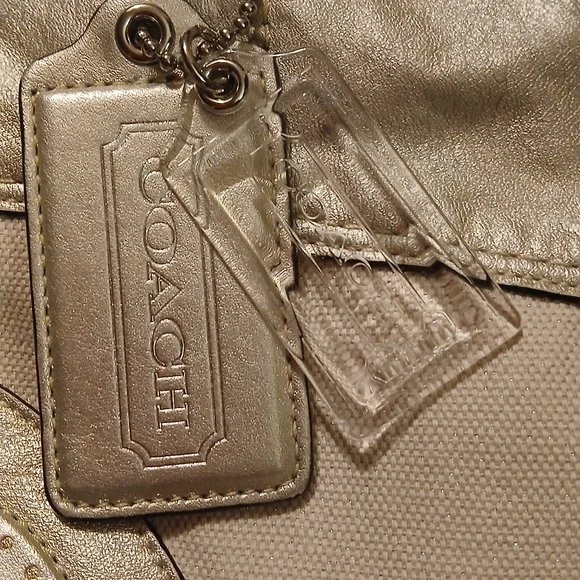 Coach Julia Perry Op Art Tote Ivory Shimmer Canvas Metallic Leather Bag EUC Rare - Picture 2 of 14